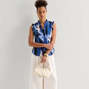 DKNY Ruffle Sleeveless Blouse Blue Abstract Print Office Preppy Size S NWT
